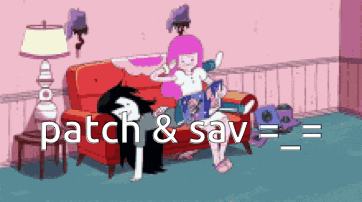 a cartoon character sitting on a couch with the words patch & sav