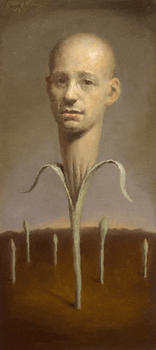 a painting of a man 's head with a plant in front of it