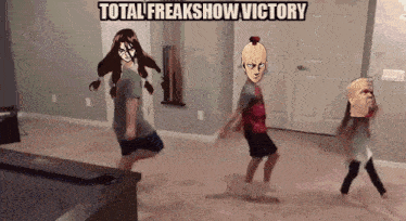a group of people are dancing in a room with the words total freakshow victory written on the bottom