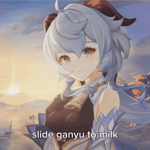 a picture of a girl with the words slide ganyu to milk on the bottom