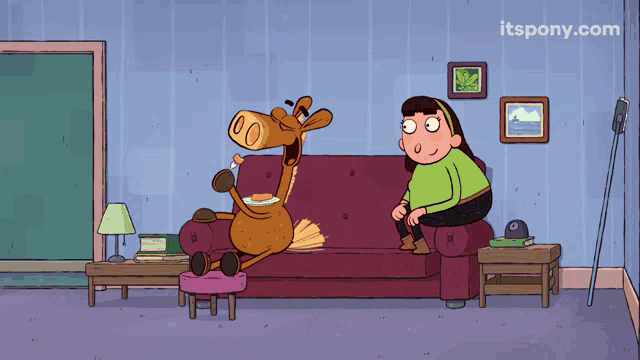 a cartoon of a horse sitting on a couch with a woman sitting next to it