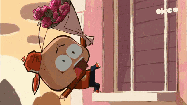 a cartoon character is holding a bouquet of pink flowers and the word ok on the bottom