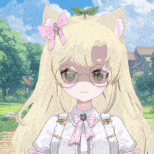 a blonde anime girl with glasses and a pink bow on her head