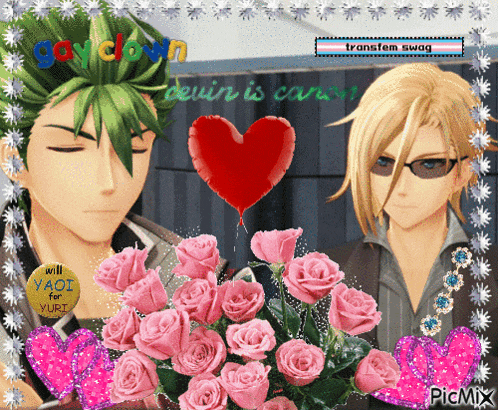 a picture of two anime characters with pink roses and a red heart shaped balloon