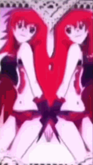 two anime girls with red hair are standing next to each other on a purple background
