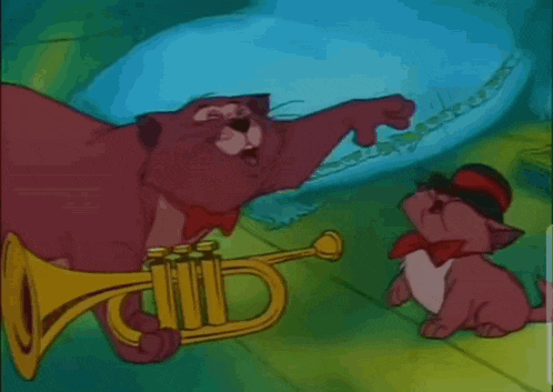 a blue cat is wearing a top hat and bow tie and playing a trumpet
