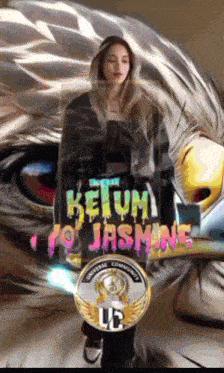 a woman is standing in front of an eagle with the words " return to jasmine " written on it
