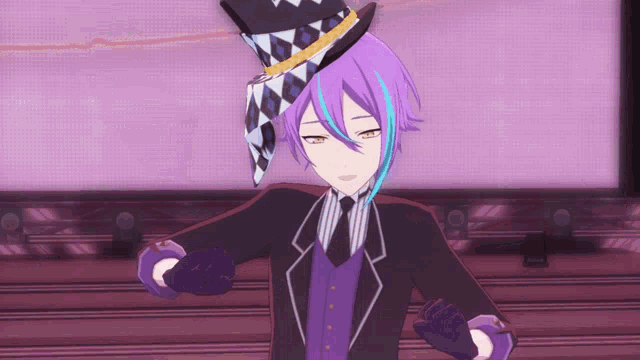 a purple haired anime character wearing a top hat and gloves