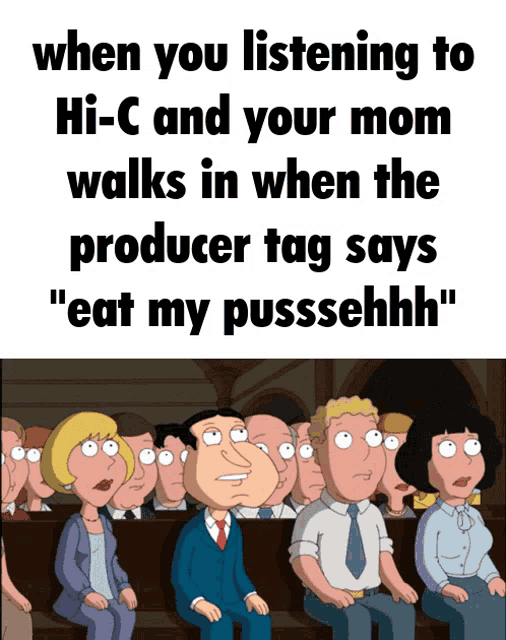 a group of cartoon characters are sitting in a church with the caption when you listening to hi-c