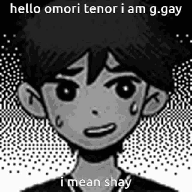 a black and white image of a boy with the words hello omori tenor i am g.gay i mean shay