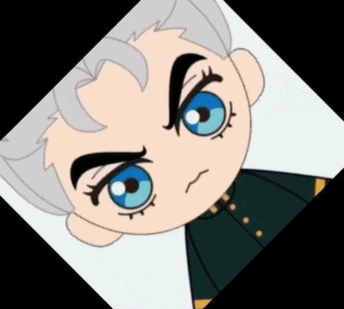a cartoon character with gray hair and blue eyes making a funny face