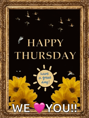 a happy thursday card with flowers and birds