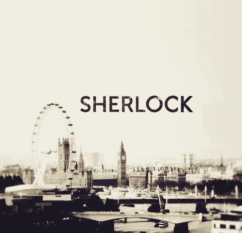 a black and white photo of a city with the word sherlock on top