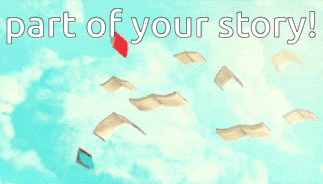 a blue sky with books flying in the air and the words part of your story
