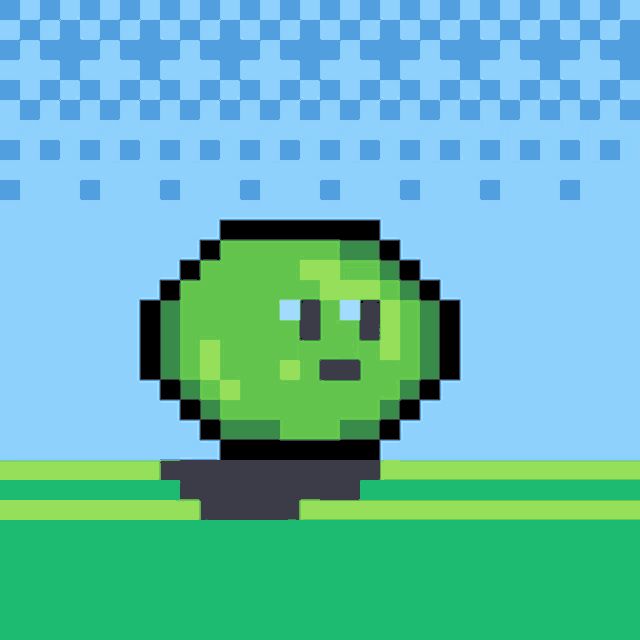 a pixel art drawing of a green ball with a face