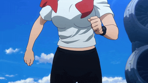 a woman in a white shirt and black pants is running in front of a blue sky