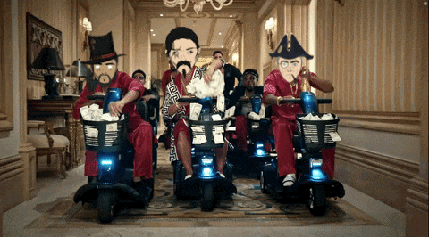 a group of men riding scooters with baskets full of money