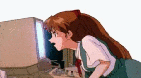 a cartoon girl is looking at a computer monitor .