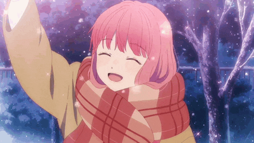 a girl with pink hair is wrapped in a scarf