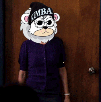 a cartoon character wearing a kimba beanie stands in front of a door