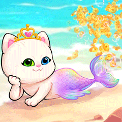 a white cat with a crown on its head and a purple tail