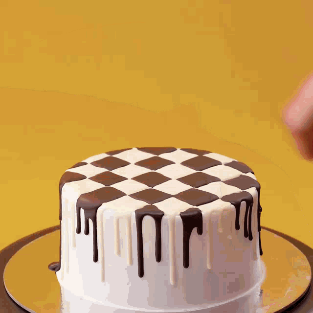 a black and white checkered cake is being decorated