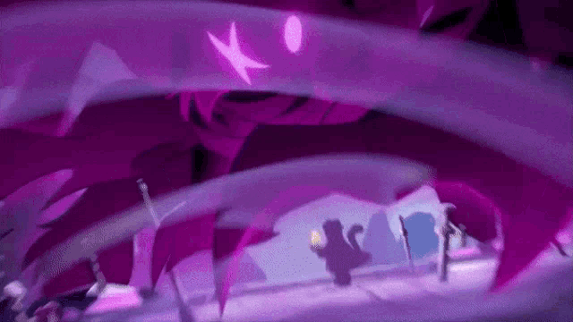 a group of people are standing in a room with purple walls and a purple light coming out of the wall .