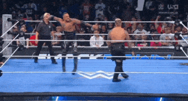 two wrestlers are standing in a wrestling ring with a crowd watching .