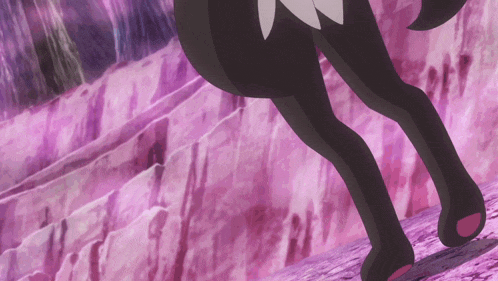 a cartoon character 's legs are shown in front of a purple background