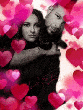 a black and white photo of a man and woman surrounded by pink hearts with the words luke & lori written on the bottom