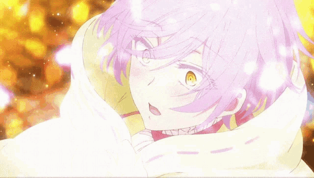 a girl with purple hair is wearing a white scarf