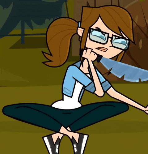 a cartoon girl with glasses is squatting down with her hands on her chin