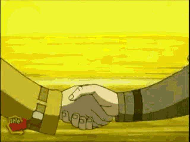 two people shaking hands in front of a yellow background that says teletoon