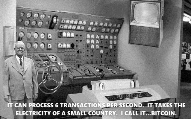 a black and white photo of a man standing in front of a control panel that says " it can process 6 transactions per second "