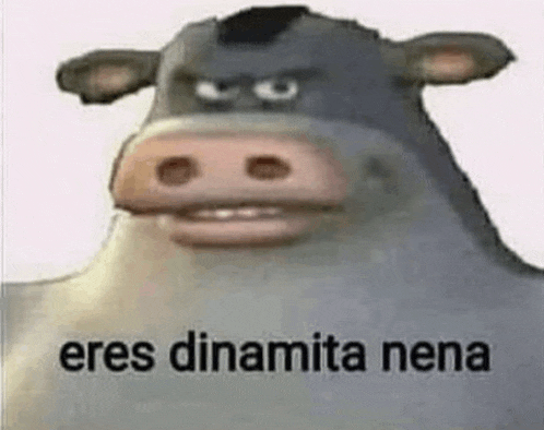 a cartoon cow with the words `` eres dinamita nena '' written on it 's face .