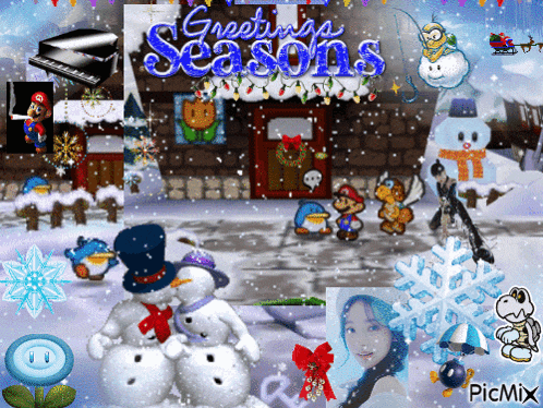 a picture of a snowman with the words greetings seasons above it