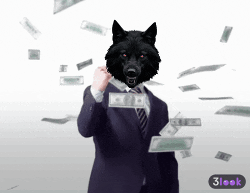 a man in a suit and tie with a black wolf 's head is surrounded by falling money