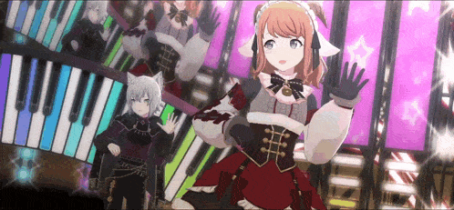 a group of anime characters are standing on a stage with a piano in the background .