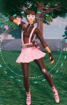 a girl in a pink skirt is standing in a field .