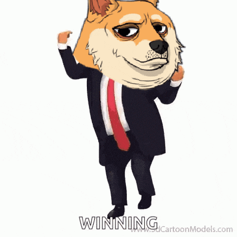 a cartoon dog wearing a suit and tie with the words winning written below it