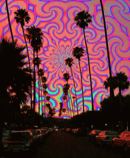 palm trees are silhouetted against a colorful psychedelic background