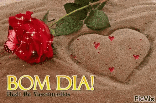a red rose is sitting in the sand next to a heart shaped hole in the sand .