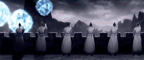 a group of people standing in front of a wall with a blue light coming out of it