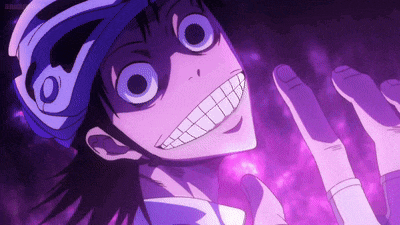 a close up of a person 's face with a purple background and a big smile .