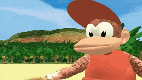 a cartoon monkey wearing an orange vest and hat