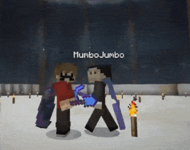 two minecraft characters are standing next to each other and the name mumbojumbo is on the bottom