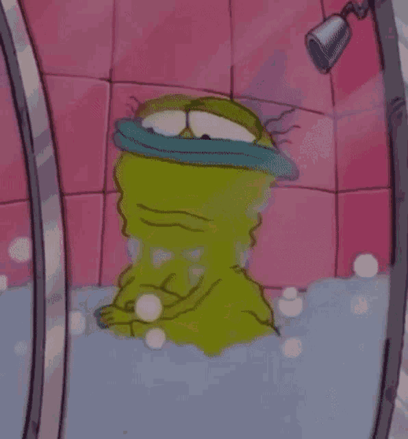 a cartoon character is taking a bath in a tub with bubbles coming out of it .