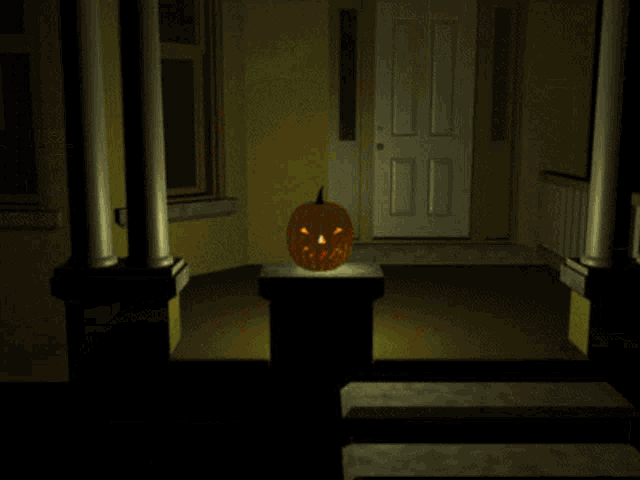 a pumpkin with a face carved into it is sitting on a pedestal