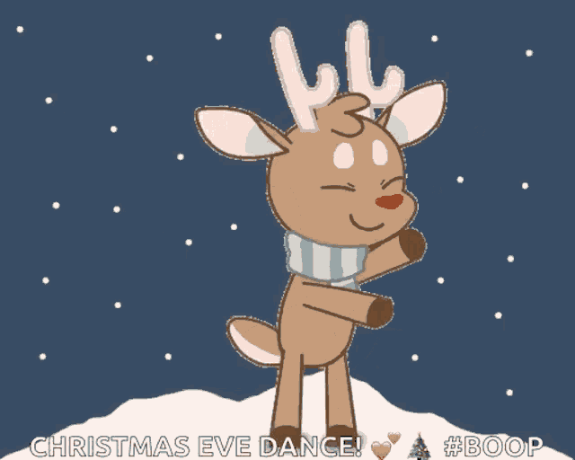 a cartoon of a reindeer dancing with the words christmas eve dance below it