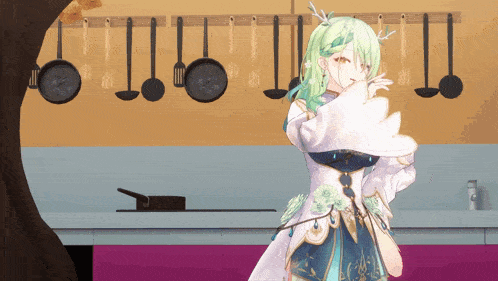 a girl with green hair is standing in a kitchen with utensils hanging on the wall